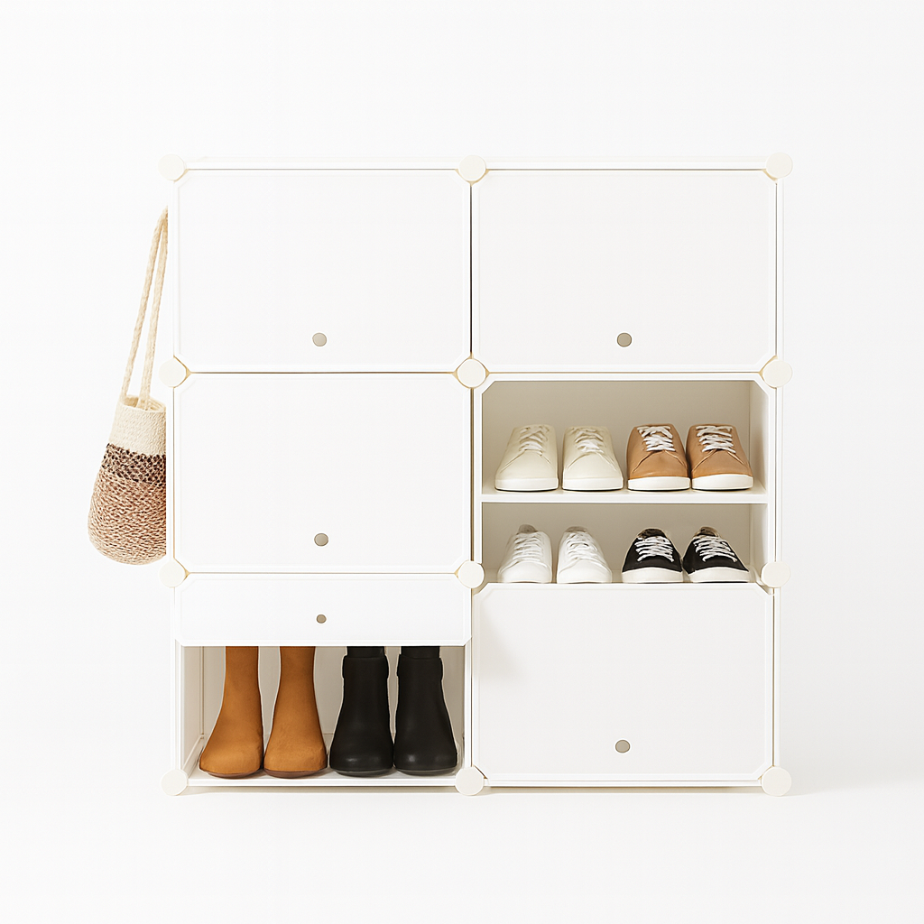 Schuhschrank aus modularen Würfeln in Weiß für moderne Aufbewahrung